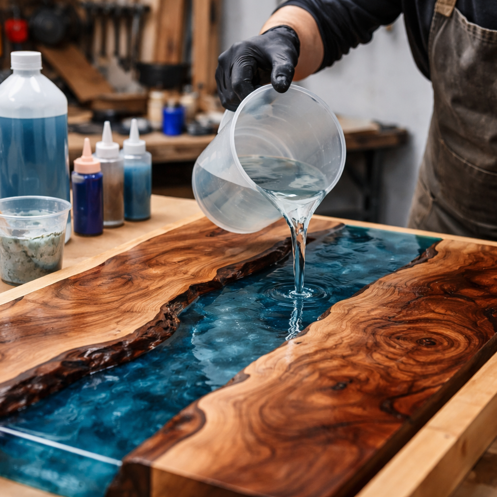 艺术家倒树脂制作河流桌